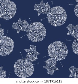Seamless pattern with hand-drawn Snowman. Abstract zentangle drawing  isolated on blue background.  For season greeting cards, posters. 