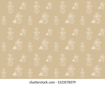 Seamless pattern of hand-drawn snowmen on a gold background. White outlines. Wrapping paper, print, textile, fabric, etc. Vector.