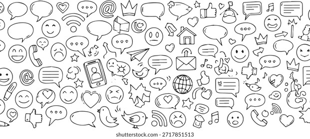 Un patrón perfecto de medios sociales dibujados a mano e íconos de comunicación, incluyendo burbujas de discurso, emojis, símbolos de red y varios Elementos de interacción digital, sobre un fondo blanco.