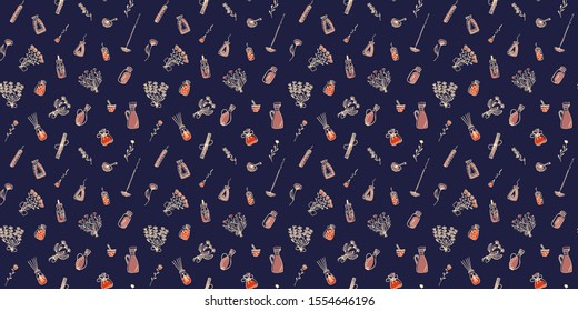 Seamless pattern of hand-drawn spa icons on a dark background. Design of doodles on the subject of aromatherapy. Flowers, bouquets, oils, incense, candles, oils, pushers with pestles. Vector.
