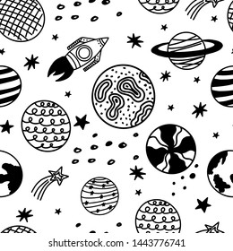 Seamless pattern with hand-drawn space elements on a white background. Doodle style. Vector illustration. 