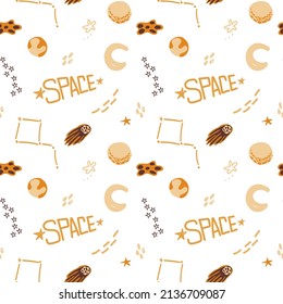 Seamless pattern of hand-drawn space elements. Open Space. Vector in cartoon style. Hand-drawn inscription. Planets, comets, asteroid and stars around on white background.