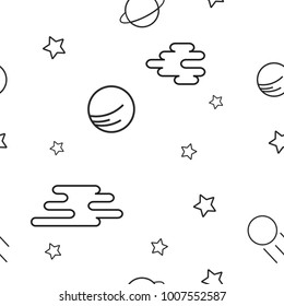 A seamless pattern with hand-drawn space icons. This endless line art background with clouds, planets, and stars is perfect for nursery wallpaper, fabric for kids, or a children's coloring page.