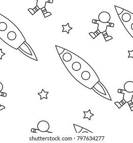 A seamless pattern with hand-drawn space icons. This endless line art background with rocket, astronaut, and planets is perfect for a children's coloring page, nursery wallpaper, or fabric 