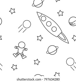 A seamless pattern with hand-drawn space icons. This endless line art background with a rocket, astronaut, and planets is perfect for a children's coloring page, nursery wallpaper, or fabric.