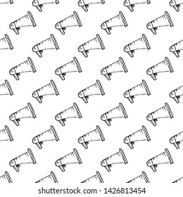 Seamless pattern Handdrawn speaker doodle icon. Hand drawn black sketch. Sign symbol. Decoration element. White background. Isolated. Flat design. Vector illustration.