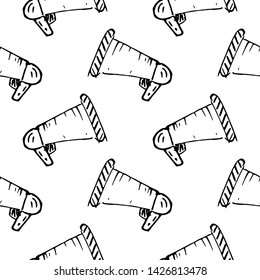 Seamless pattern Handdrawn speaker doodle icon. Hand drawn black sketch. Sign symbol. Decoration element. White background. Isolated. Flat design. Vector illustration.