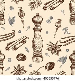Seamless pattern with hand-drawn spices and pepper mill