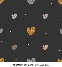 Seamless pattern with hand-drawn spotted hearts on dark grey background in boho style. Vector illustration, pastel palette.