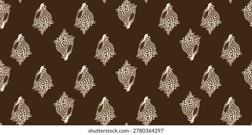 Seamless pattern with hand-drawn spotted seashells on dark brown background for summer design. Elegant nautical pattern featuring detailed line art of exotic sea shells with leopard spots. Hand-drawn marine background perfect for luxury textiles, summer fashion, and coastal home decor.