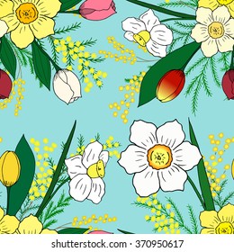 Seamless pattern with hand-drawn spring flowers. Limpet Shell background