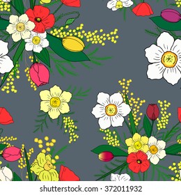 Seamless pattern with hand-drawn spring flowers. Stormy Weather background