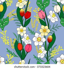 Seamless pattern with hand-drawn spring flowers. Serenity background