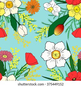 Seamless pattern with hand-drawn spring flowers. Limpet Shell background