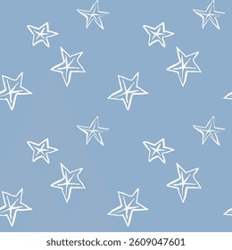 Seamless pattern with hand-drawn starfish on blue background. Nautical marine repeat design in minimalist line art style. 