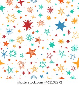 Seamless pattern with handdrawn stars. Bright vector illustration.