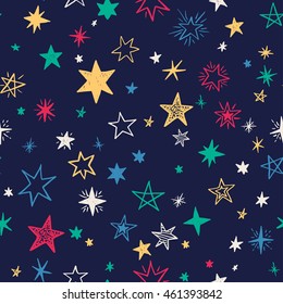 Seamless pattern with handdrawn stars. Bright vector illustration.