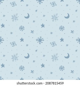 Seamless pattern with hand-drawn stars, crescents and snowflakes on a light blue background