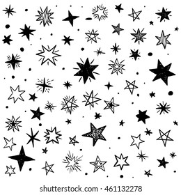 Seamless pattern with handdrawn stars. Doodle monochrome vector illustration.