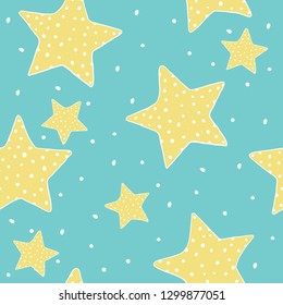 Seamless pattern with hand-drawn stars. Five-pointed yellow stars on a blue background. Vector illustration in sketch style.