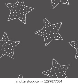 Seamless pattern with hand-drawn stars. Five-pointed yellow stars on dark background. Vector illustration in sketch style.