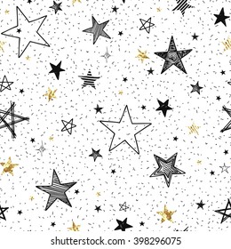 Seamless pattern with hand-drawn stars and golden foil stars, abstraction vector illustration on white background.