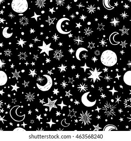 Seamless pattern with handdrawn stars and moons. Doodle vector illustration.