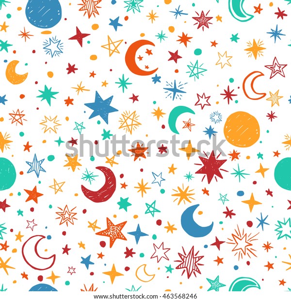 Seamless pattern with handdrawn stars and\
moons. Doodle vector\
illustration.