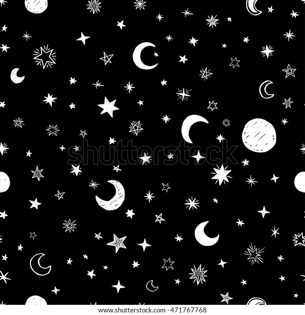 Seamless pattern with handdrawn stars and\
moons. Doodle vector\
illustration.