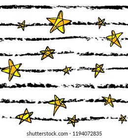 Seamless pattern with hand-drawn stars on stripe background. Vector illustration