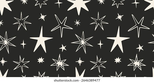 Padrão contínuo com estrelas desenhadas à mão sobre fundo escuro. Design moderno para decoração festiva, mágica e celestial. Ilustração vetorial moderna abstrata