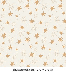 Patrón sin fisuras con estrellas dibujadas a mano sobre fondo beige. Estilo minimalista escandinavo con tonos pastel. Perfecto para guardería, tela, papel de regalo y diseños de niños.
