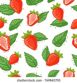 Seamless pattern with hand-drawn strawberrie and mint. Summer wallpaper with berrie, herb. Backdrop with organic product. Vector.