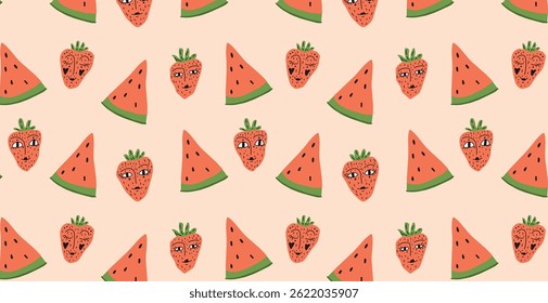 Seamless pattern with hand-drawn strawberries with faces and watermelon slices on light background. Funny fruit character texture. Flat vector illustration.