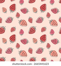 Seamless pattern of hand-drawn strawberries isolated on a pink background. Cute strawberry design. Wallpaper. Vector illustration.
