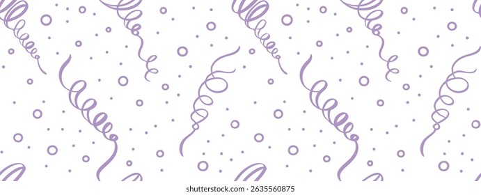 Seamless pattern of hand-drawn streamers and confetti in soft purple tones. Ideal for festive backgrounds, wrapping paper, or party invitations. Light, cheerful, and celebratory vibe.