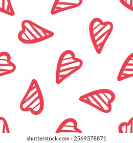 Seamless pattern with hand-drawn striped red hearts in flat doodle style