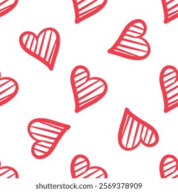 Seamless pattern with hand-drawn striped red hearts in flat doodle style