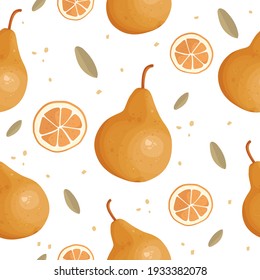 Nahtloses Muster in handgezeichnetem Stil. Botanische Vektorgrafik. Print Design, Stoff. saftige reife Birnen, orangefarbene Scheiben, Blätter und abstrakte Punkte auf weißem Hintergrund. Farbige Sommerfarben.