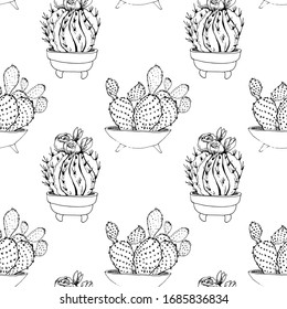 Seamless pattern of hand-drawn succulents and cactus in flower pots. Linear outline vector succulents and cacti on a white background. For wrappers, textiles, wallpapers