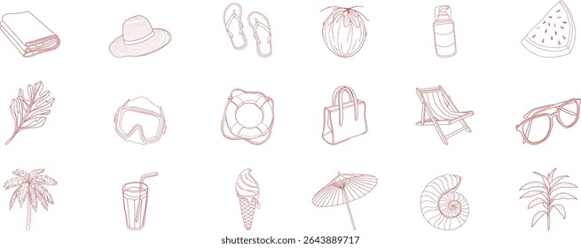 Seamless pattern of hand-drawn summer beach elements in light red. Includes tropical icons like hats, sunglasses, ice cream, and seashells. Ideal for holiday, travel, or vacation-themed designs.