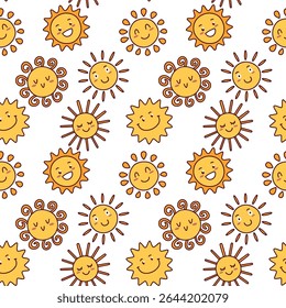 Seamless pattern with hand-drawn sun faces, mix of yellow and outline designs with cheerful expressions