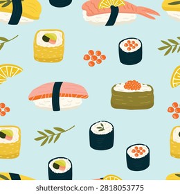 Seamless pattern with hand-drawn sushi and seafood. Traditional Japanese food illustrations for textile printing in flat style.