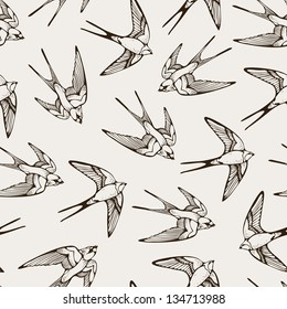 Seamless pattern with hand-drawn swallows