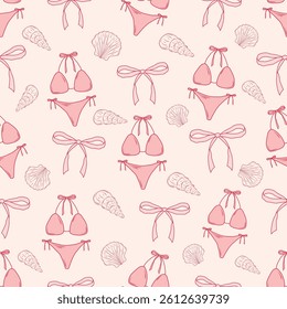 Seamless pattern with hand-drawn swimsuit, seashells, bows, and ribbons. Ideal for packaging, wrapping paper, fabric, stationery, and textile design. Vector illustration.