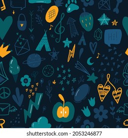 Seamless pattern with handdrawn symbols in doodle style: hearts, stars, fruits, different objects, elements. Vector illustration, isolated