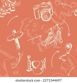 A seamless pattern with hand-drawn symbols of travel, vacation and adventure.