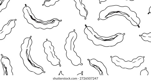 Patrón sin fisuras de vainas de tamarindo dibujadas a mano en contorno negro sobre un fondo blanco, que representa la fruta alargada y curva en un estilo de ilustración simple y gráfica.