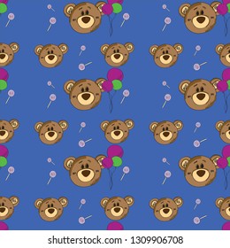 Seamless pattern hand-drawn Teddy bears balloons on blue background children's abstraction on fabric on textile print vector
