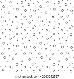 Seamless pattern with a hand-drawn texture. Abstract circles and short lines. Monochrome backdrop with simple hand-drawn outline elements. Black and white vector pattern on a white background.